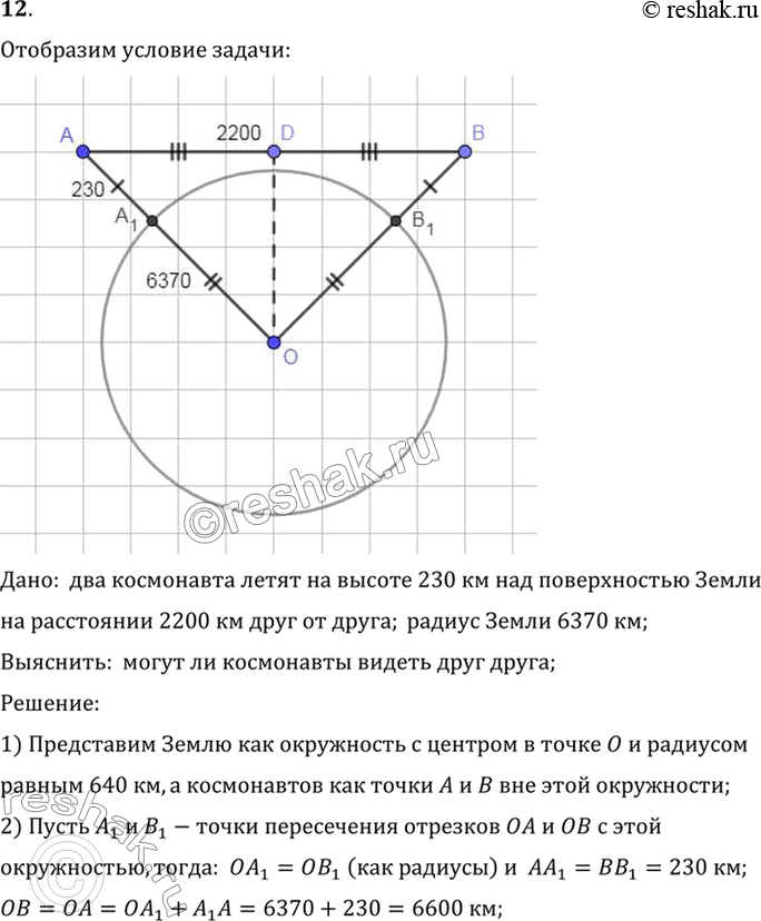 Изображение 12. Могут ли увидеть друг друга космонавты, летящие над поверхностью Земли на высоте 230 км, если расстояние между ними по прямой равно 2200 км? Радиус Земли равен 6370...