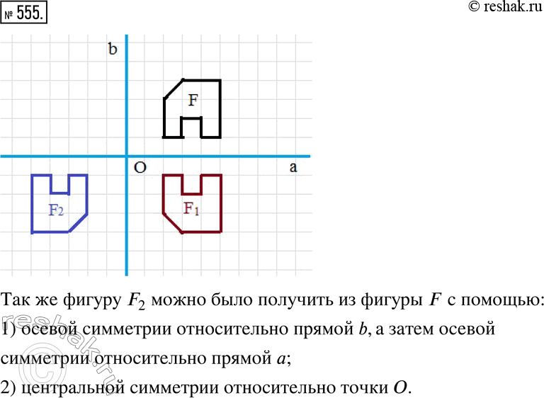 Изображение 555. Постройте фигуру F_1 симметричную фигуре F относительно прямой а, а затем фигуру F_2, симметричную фигуре F_1, относительно прямой b.Также фигуру F_2, можно было...